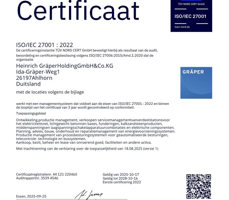 Zertifikat ISO 27001 2022 Heinrich Graeper Holding Gmb H Co KG NL bis 2028 10 16